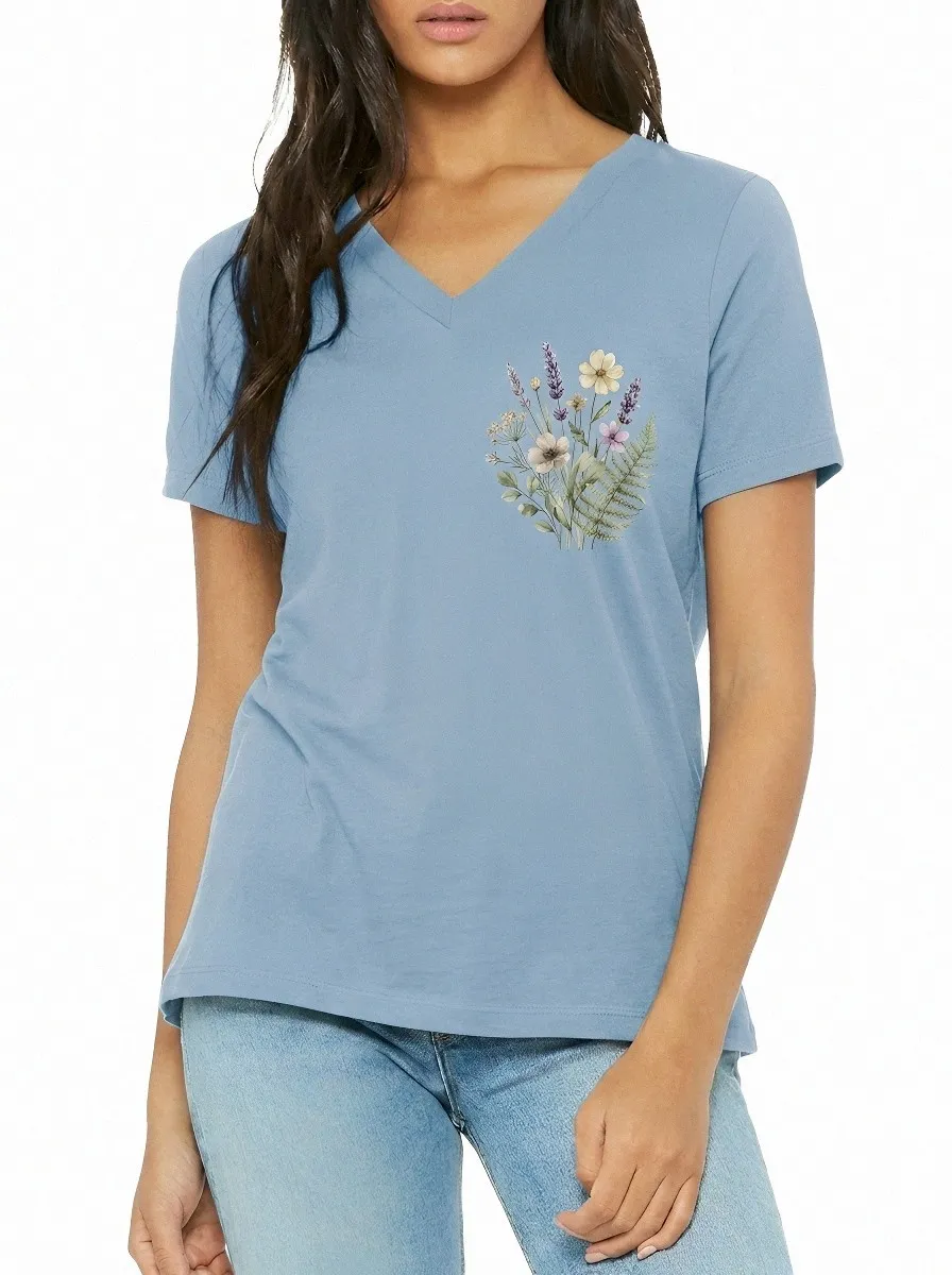 Women's Botanical Nature Lover Wildflower Bouquet Printed V-neck T-shirt
