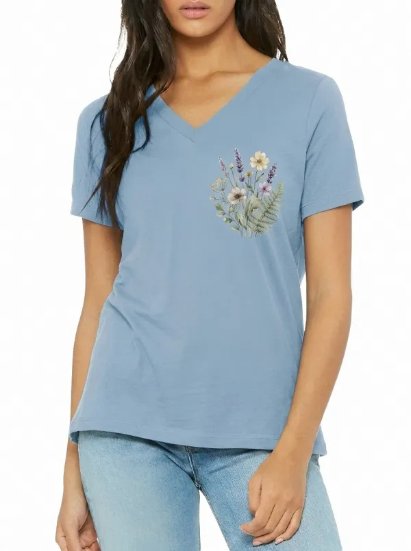 Women's Botanical Nature Lover Wildflower Bouquet Printed V-neck T-shirt