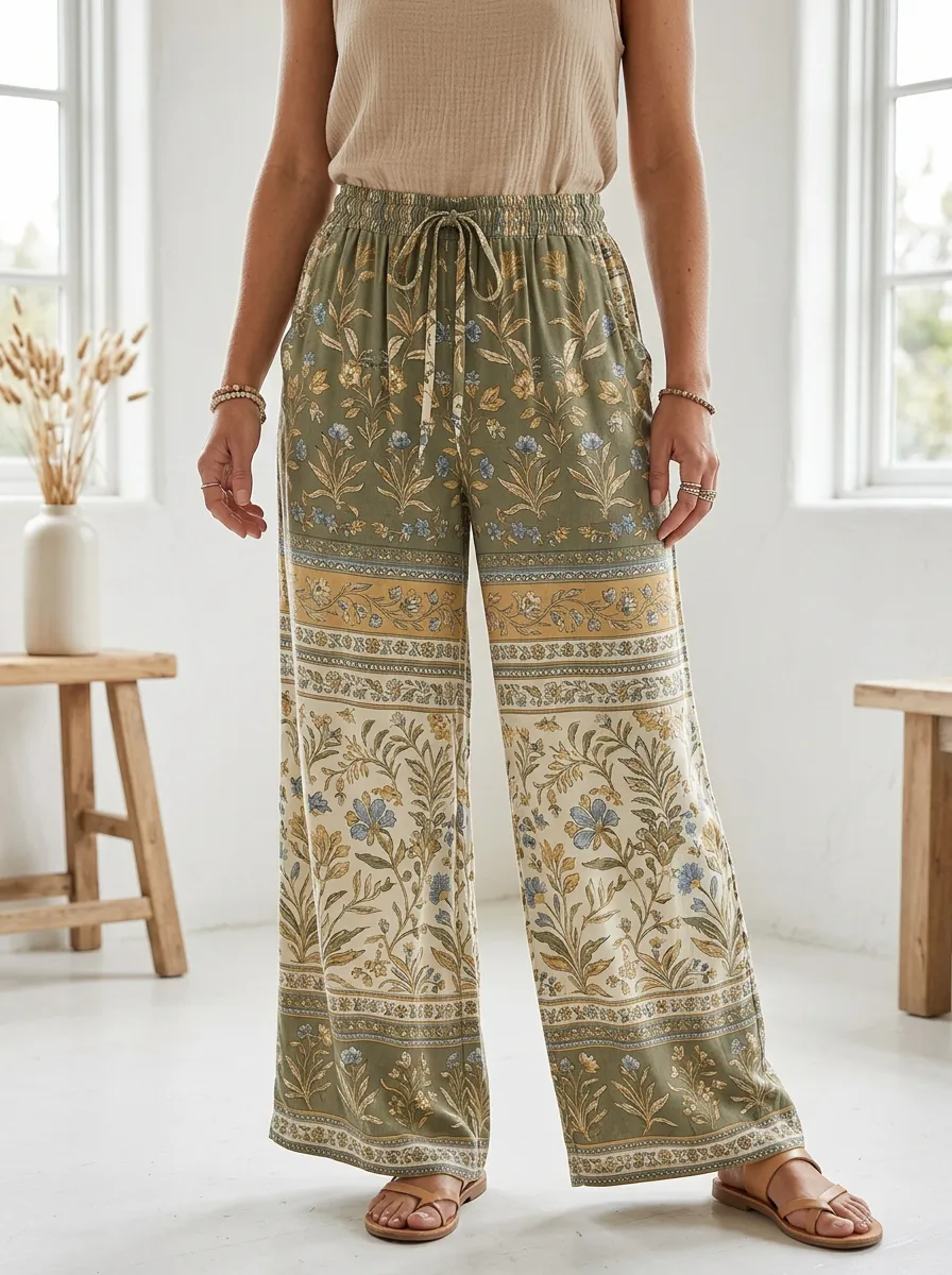Women's Relaxed Boho Floral Pattern Printed Wide Leg Pants