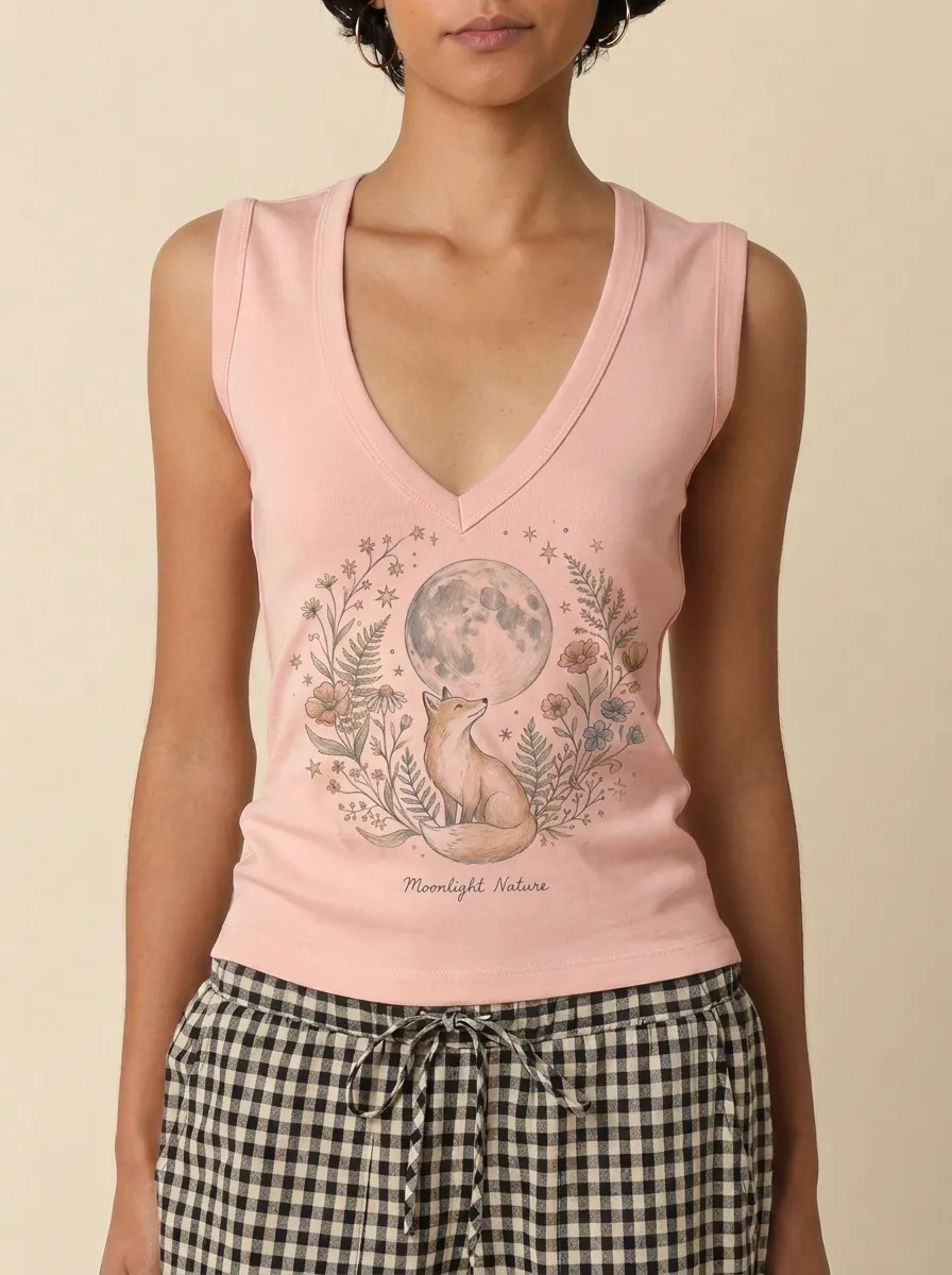 Women's Moonlight Nature Fox Floral Moon Printed Tank Top