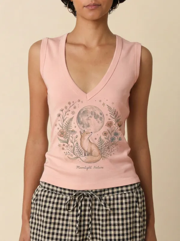 Women's Moonlight Nature Fox Floral Moon Printed Tank Top