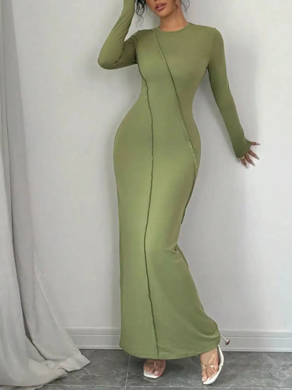 Exposed Seam Long Sleeve Maxi Dress