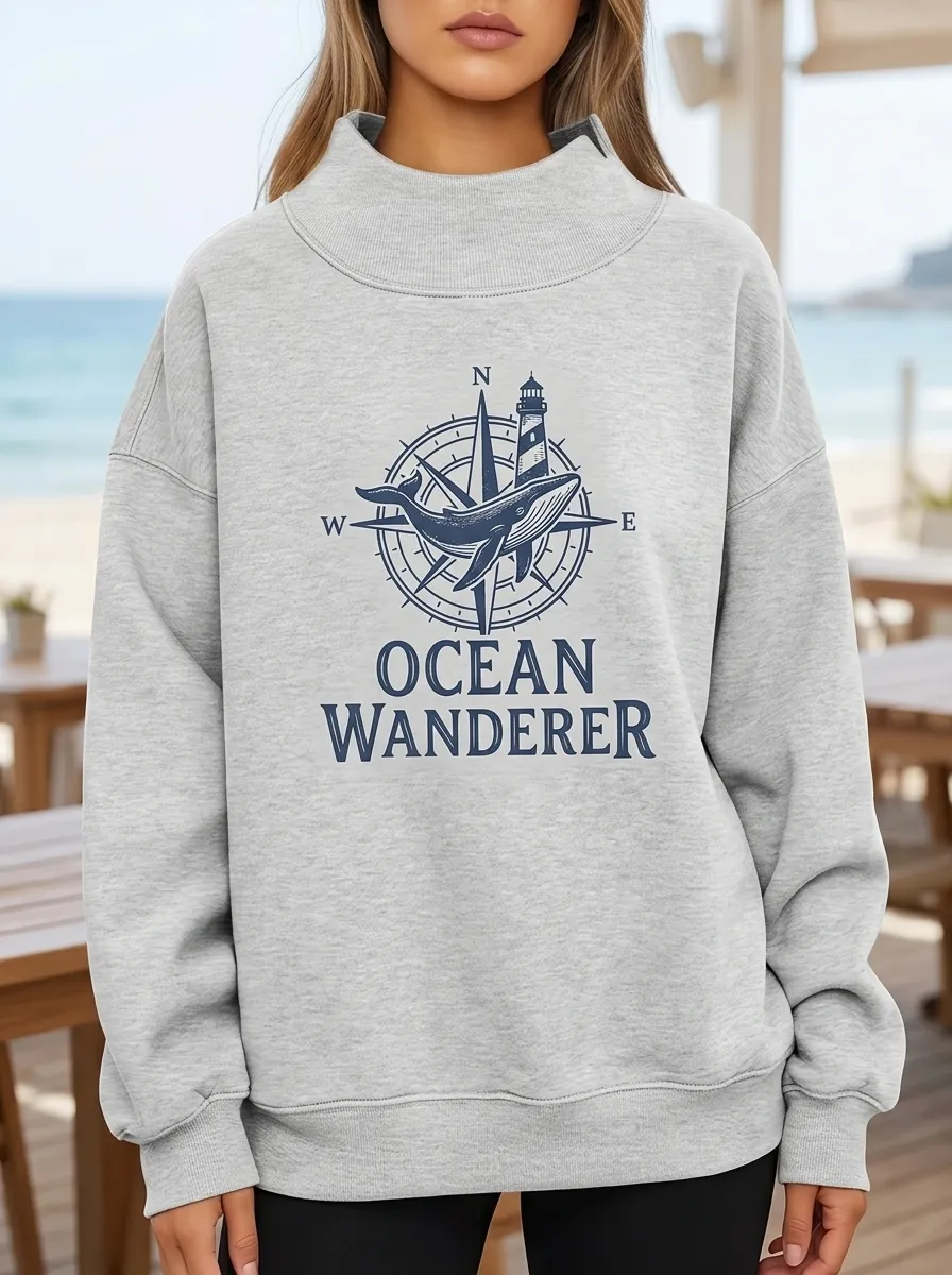 Women's Ocean Wanderer Whale Compass Lighthouse Printed Sweatshirt