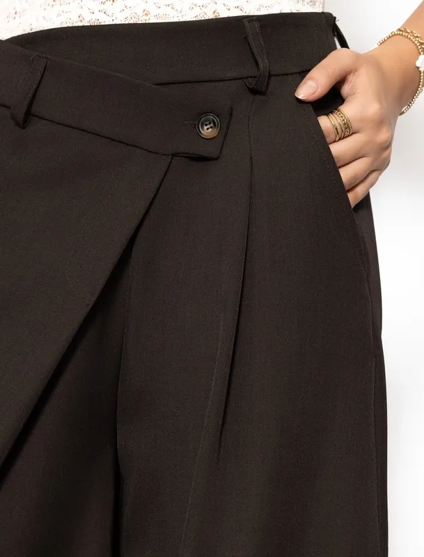 Brown Pleated Asymmetric Pants
