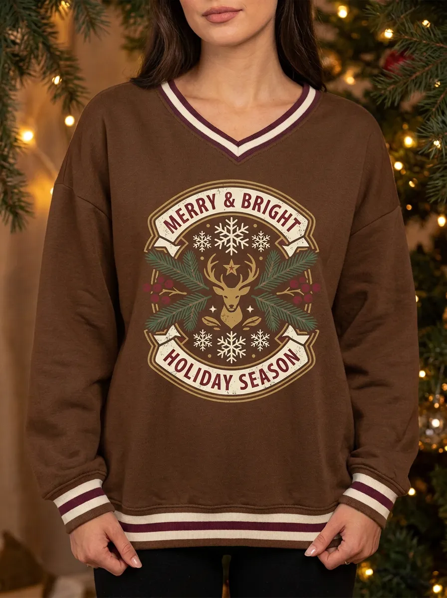 Christmas Reindeer Snowflake Merry & Bright Print Sweatshirt