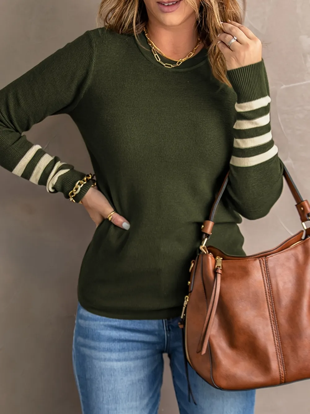 Sweater Striped Sleeve Plain Knit Sweater