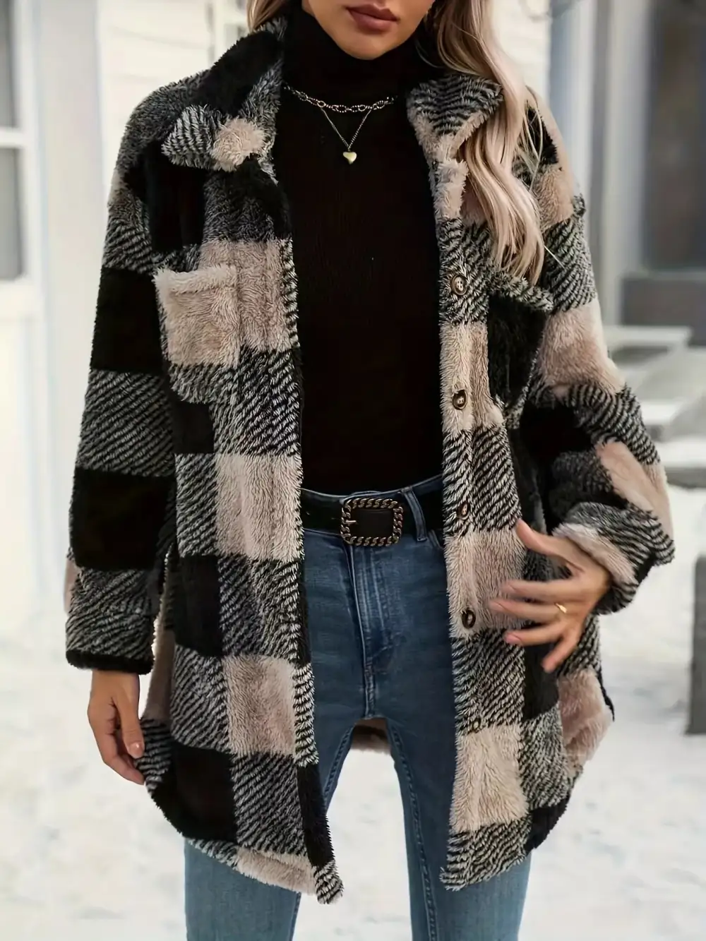 Plaid Fleece Button Down Outerwear Jacket