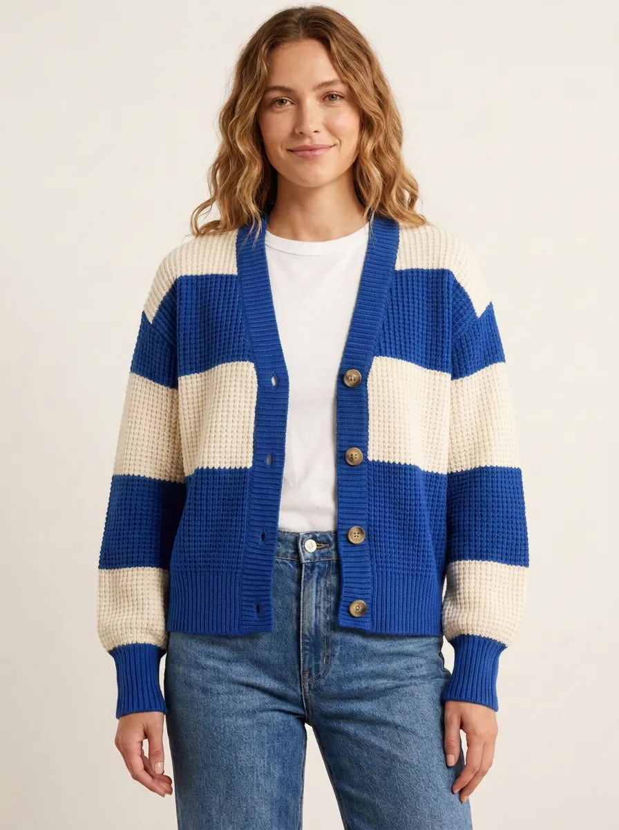 Classic Rugby Striped Waffle Knit Cardigan