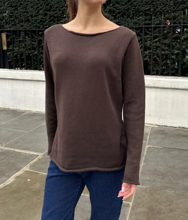 Dark Brown Raw Hem Sweater