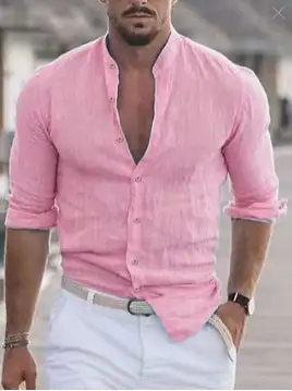 Men's Casual Linen Shirt With Modern Stand-up Collar And Roll-up Sleeves