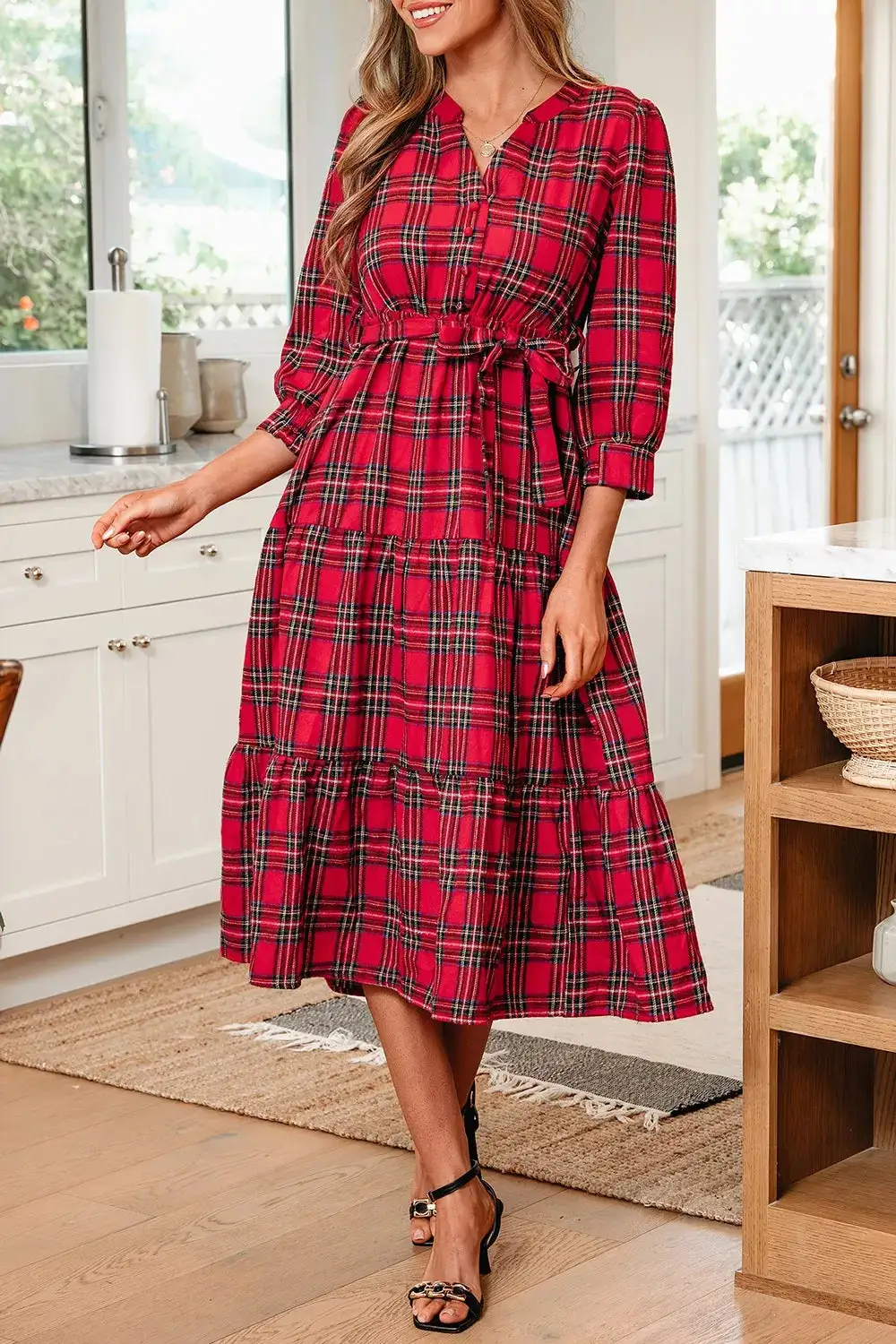 Plaid V-Neck Three-Quarter Sleeve Tie Waist Ruffle Hem Midi Dress