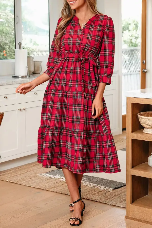 Plaid V-Neck Three-Quarter Sleeve Tie Waist Ruffle Hem Midi Dress