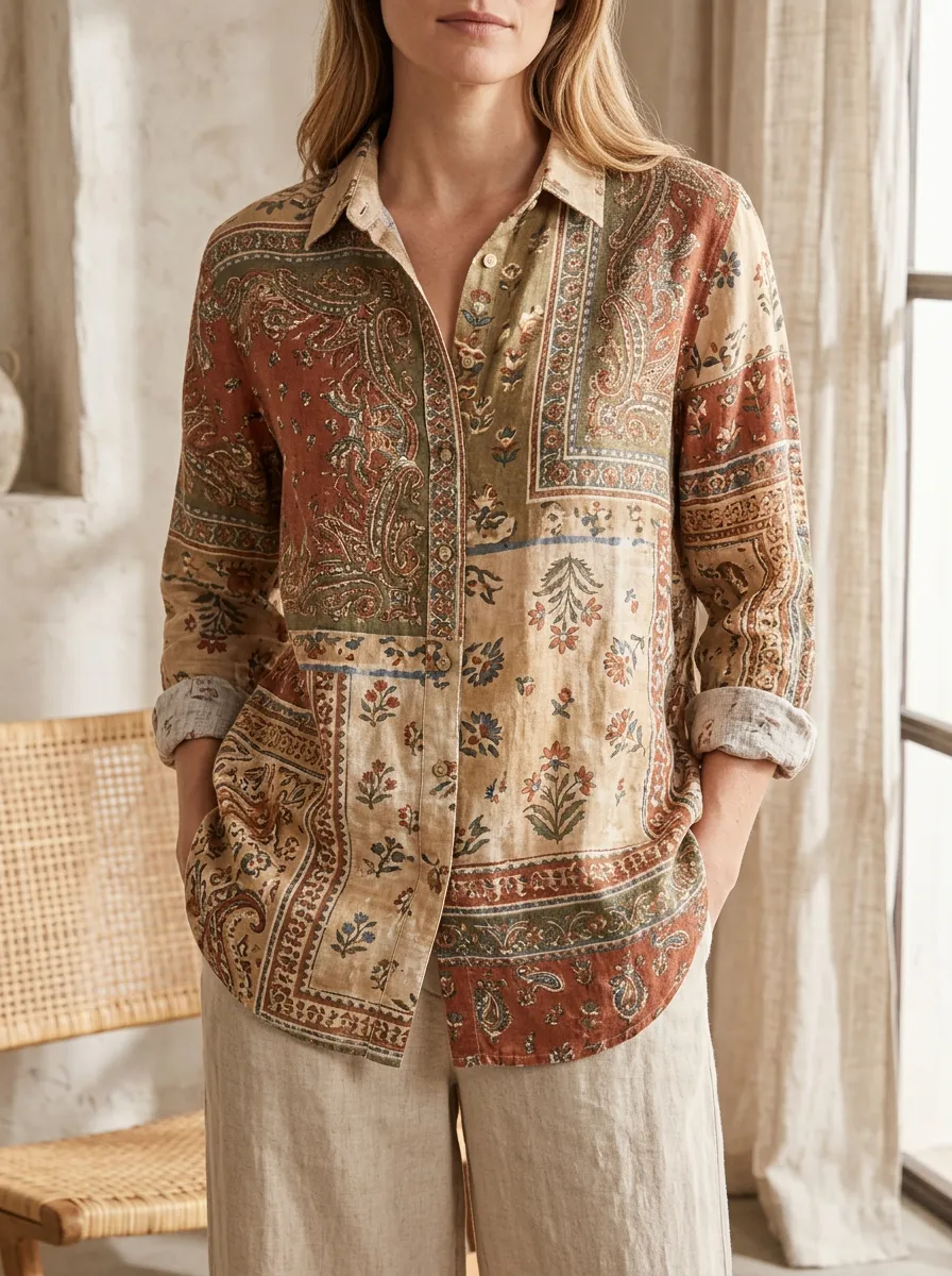 Women's Bohemian Paisley Floral Patchwork Printed Shirt