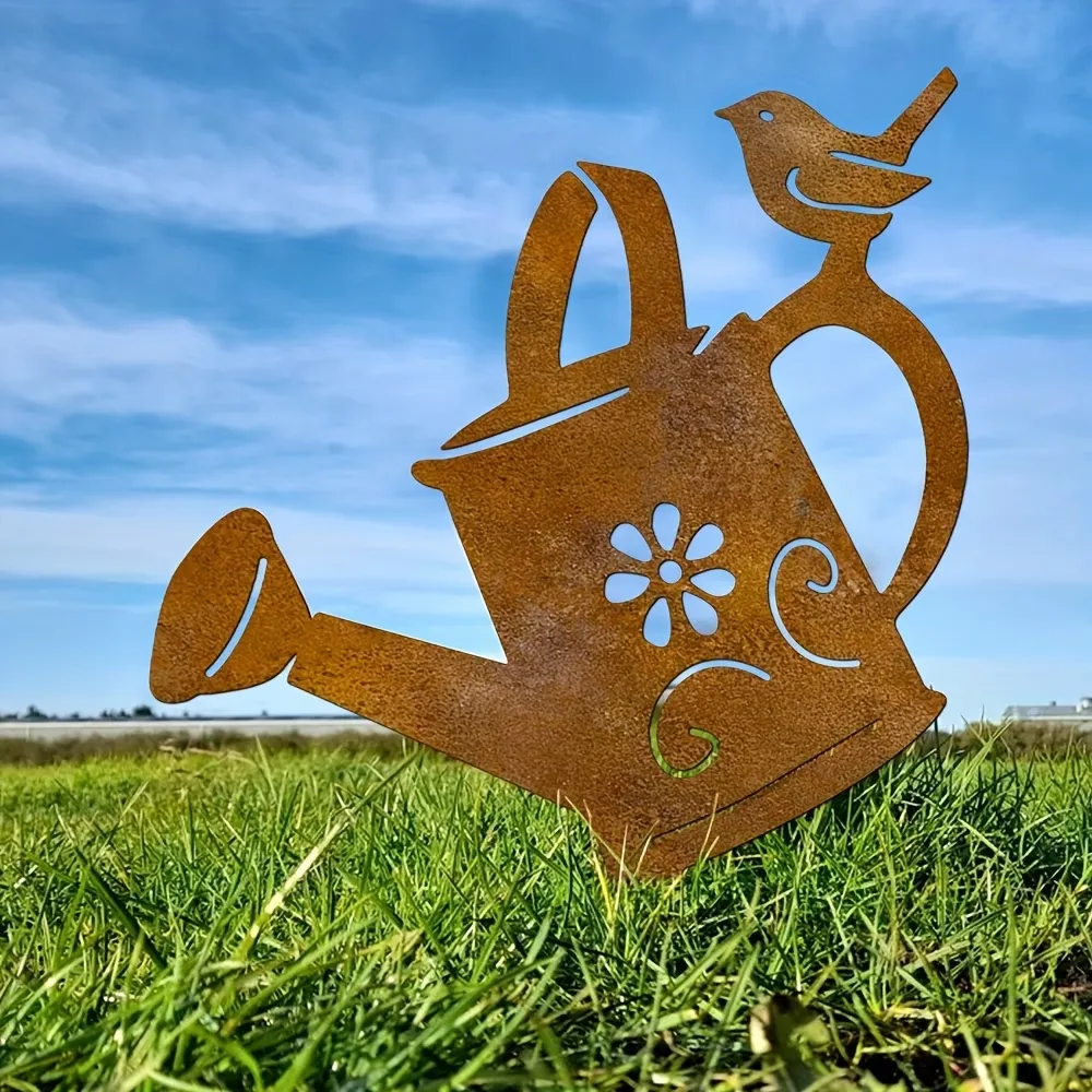 Metal Bird & Watering Can Yard Art