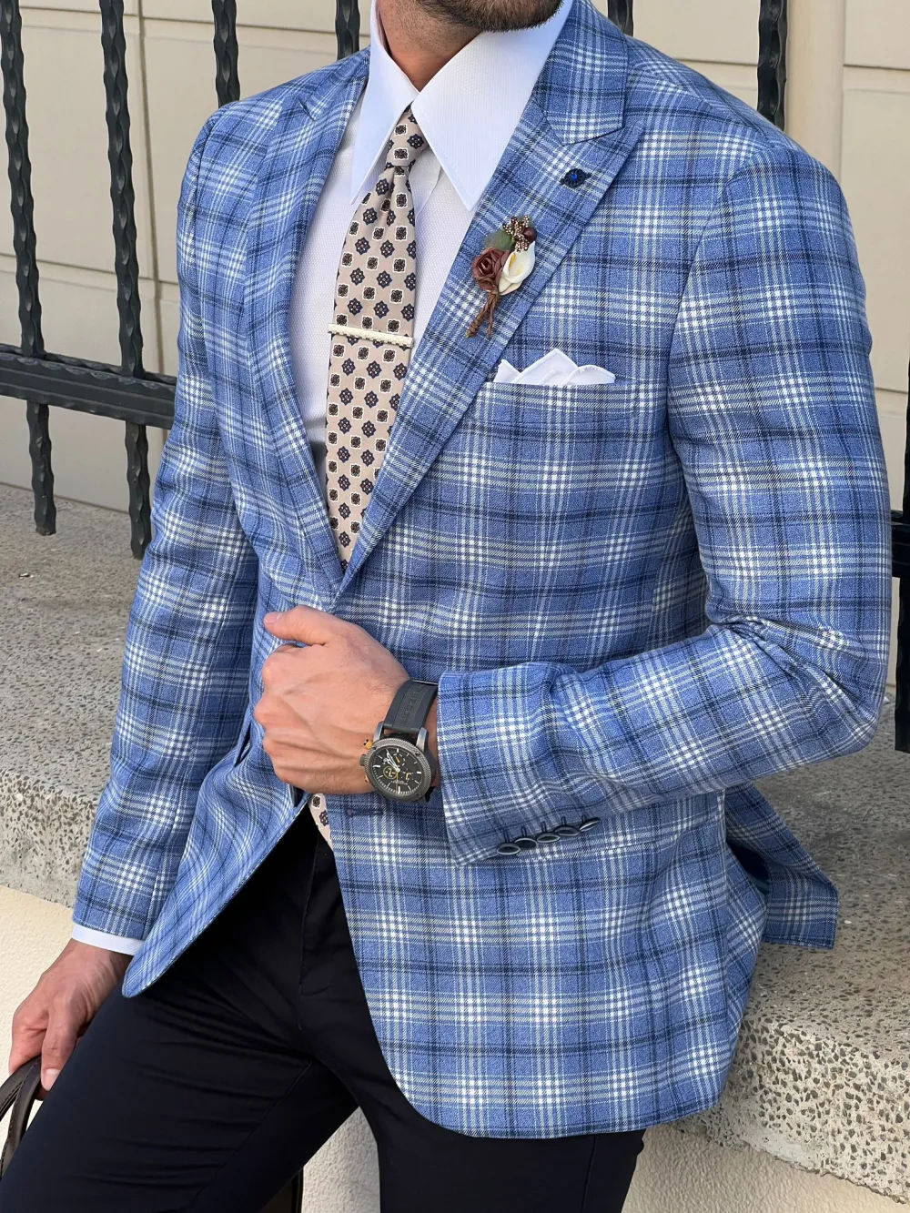 Slim Fit High Quality Mono Collar Plaid Woolen Blazer