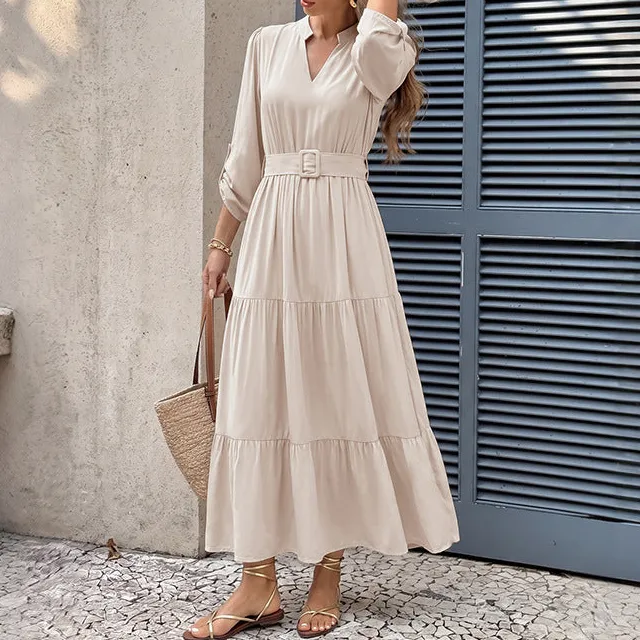 Women's V-Neck Long-Sleeve Ruffled Evening Maxi Dress