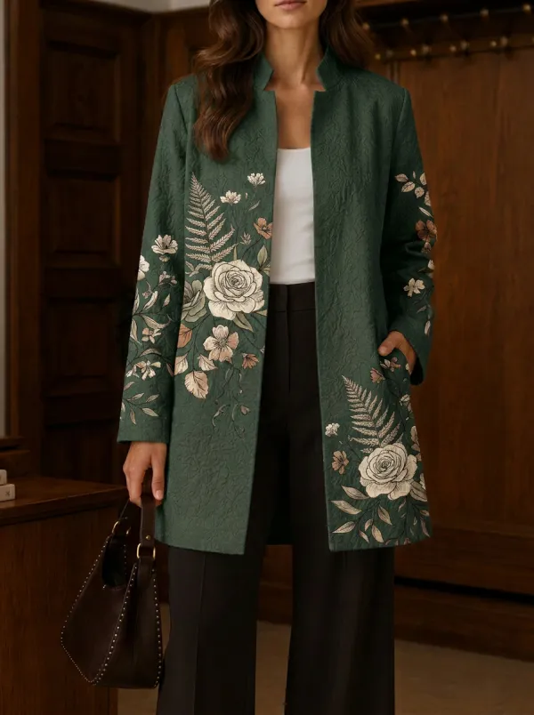 Women's Botanical Floral Fern Printed Open Front Jacket