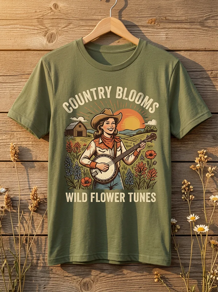 Festival Banjo Wildflower Country Music Crewneck T-Shirt