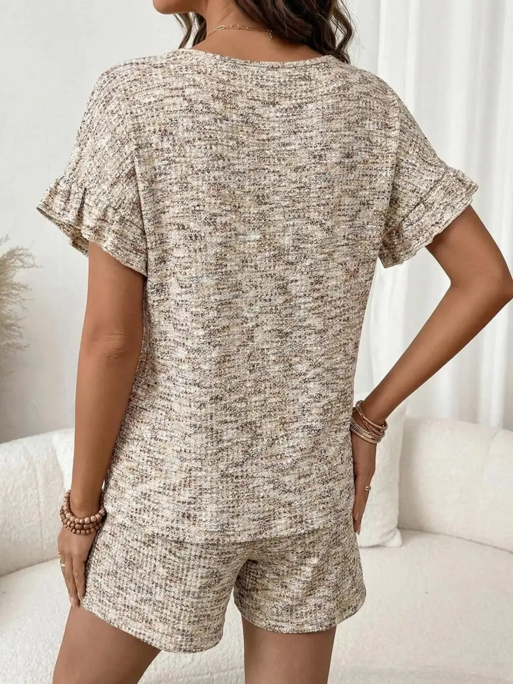 Ruffle Sleeve Textured Top Shorts Set