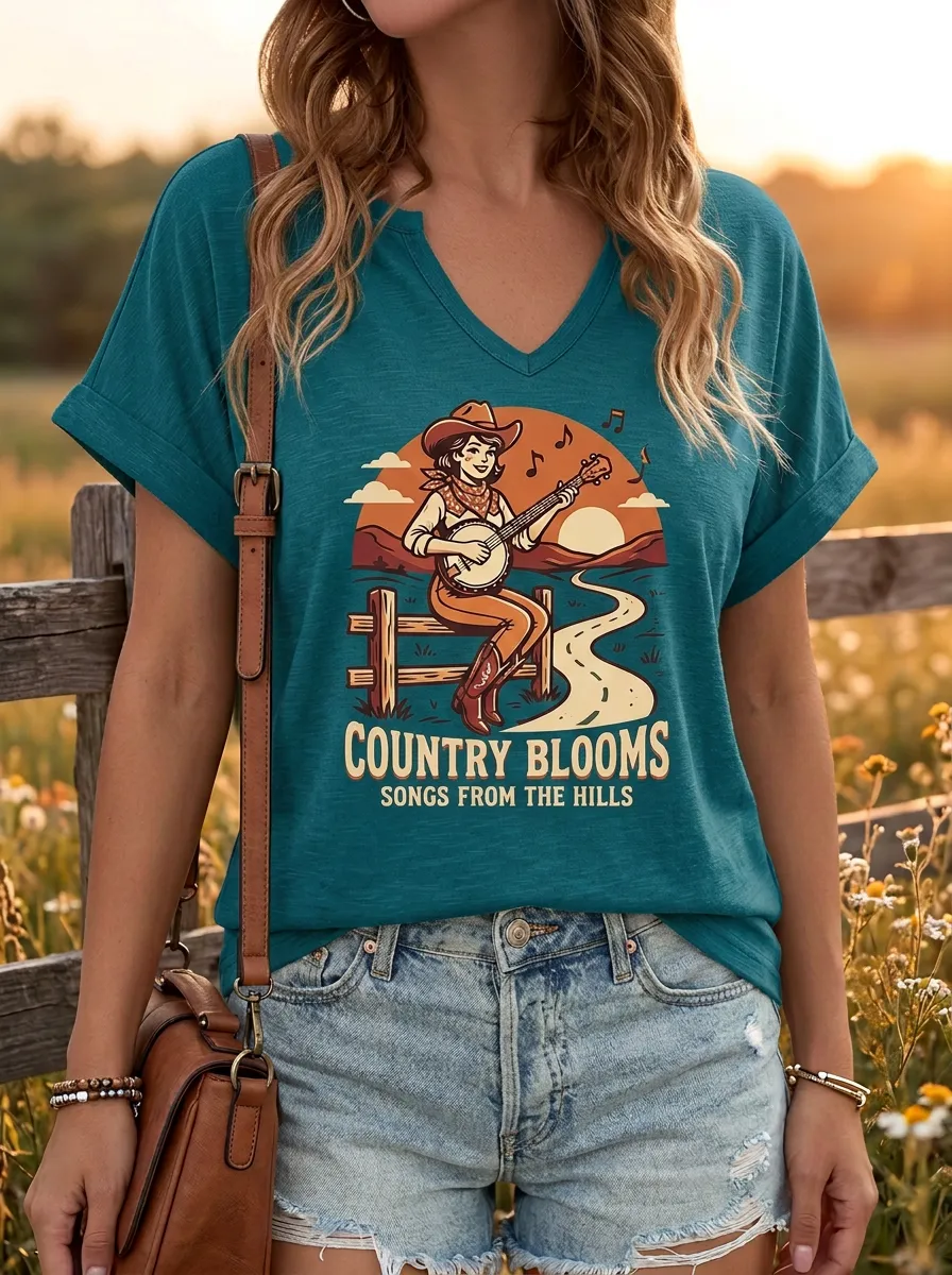 Backroad Banjo Cowgirl Women's Country Music V-Neck T-Shirt
