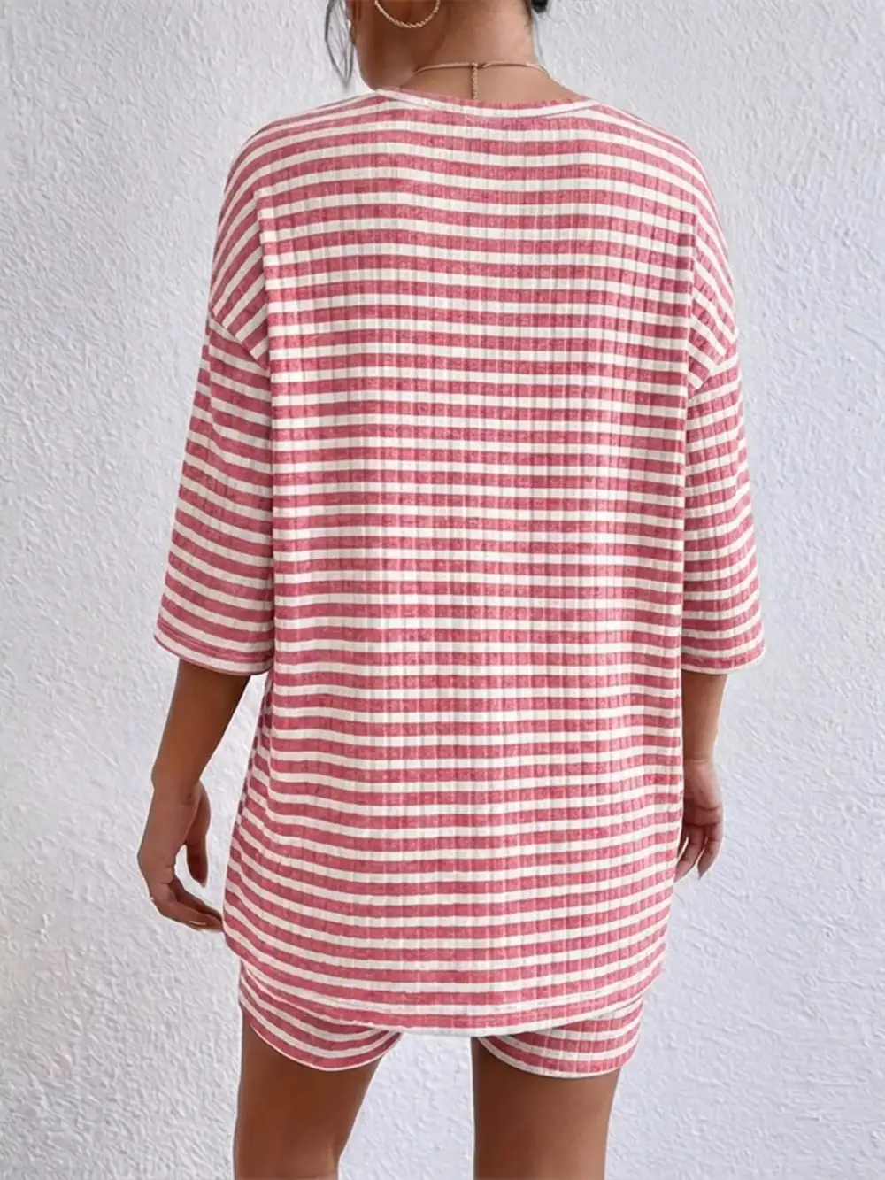 Striped Round Neck Top Shorts Set