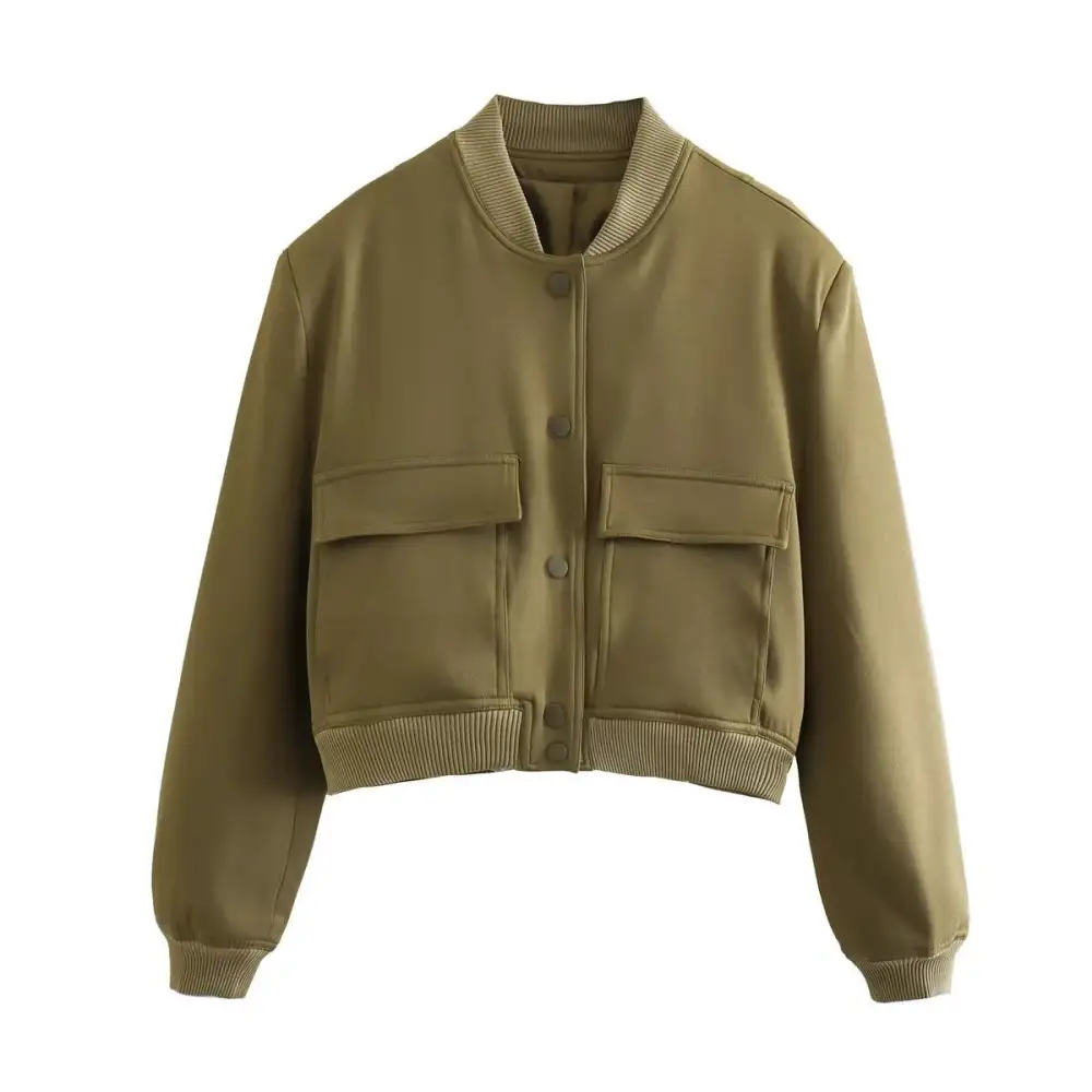 Cropped Snap Front Patch Pocket Ribbed Trim Bomber Jacket