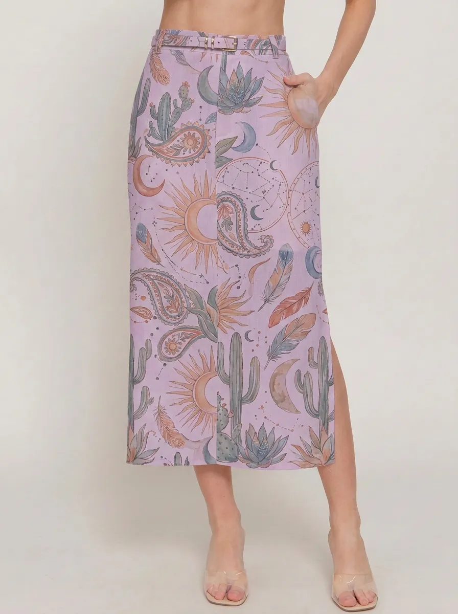 Women's Boho Celestial Cactus Paisley Printed Midi Skirt