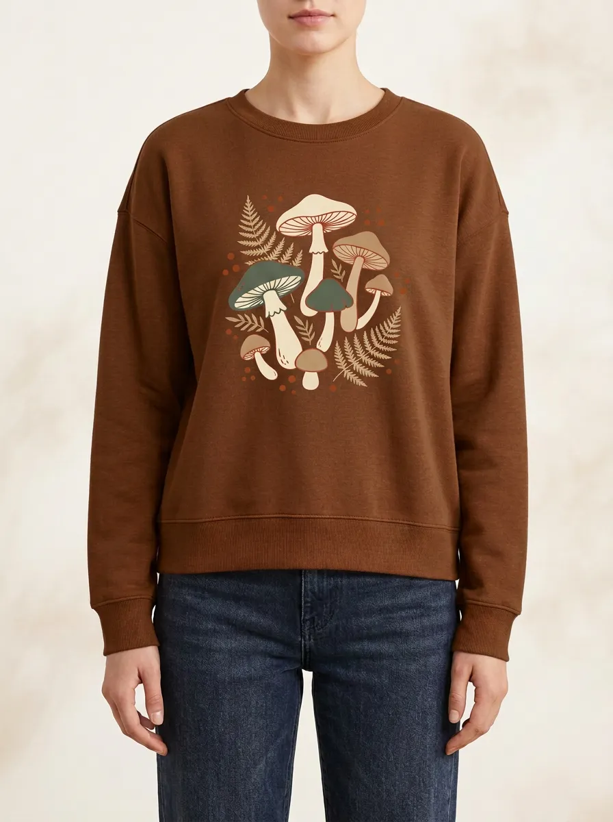 Textured Printed Mushroom Fern Graphic Sweatshirt