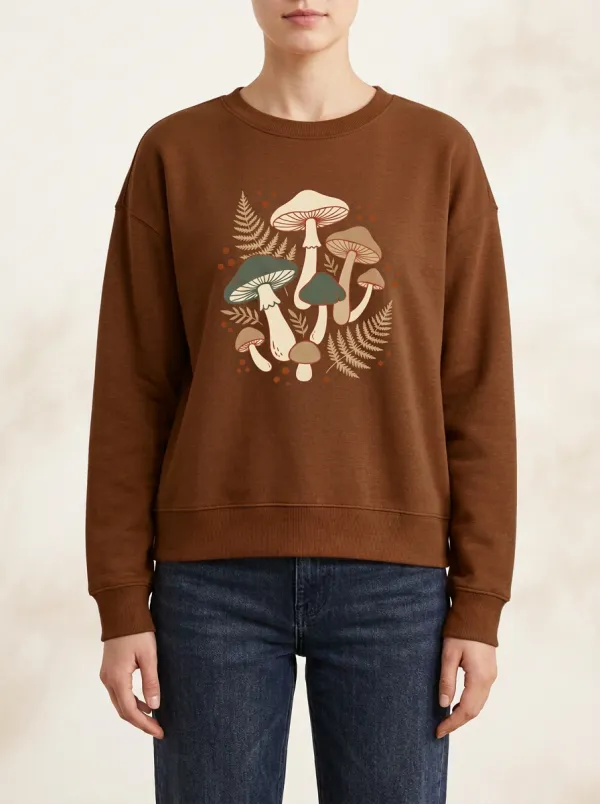 Textured Printed Mushroom Fern Graphic Sweatshirt