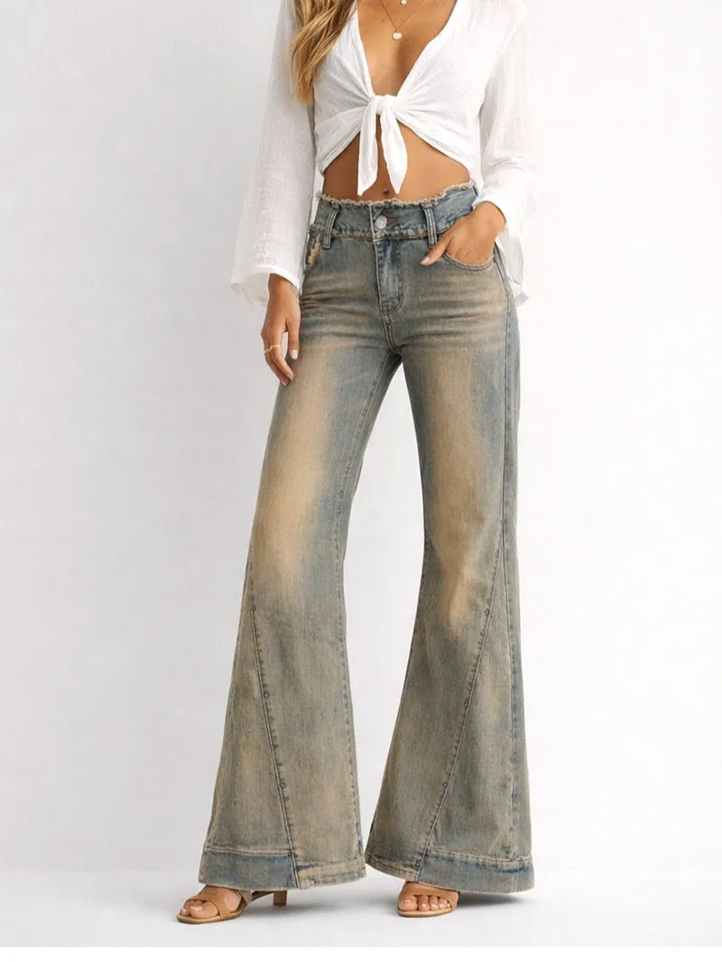 Vintage Raw Edge Waist Flared Leg Denim Pants