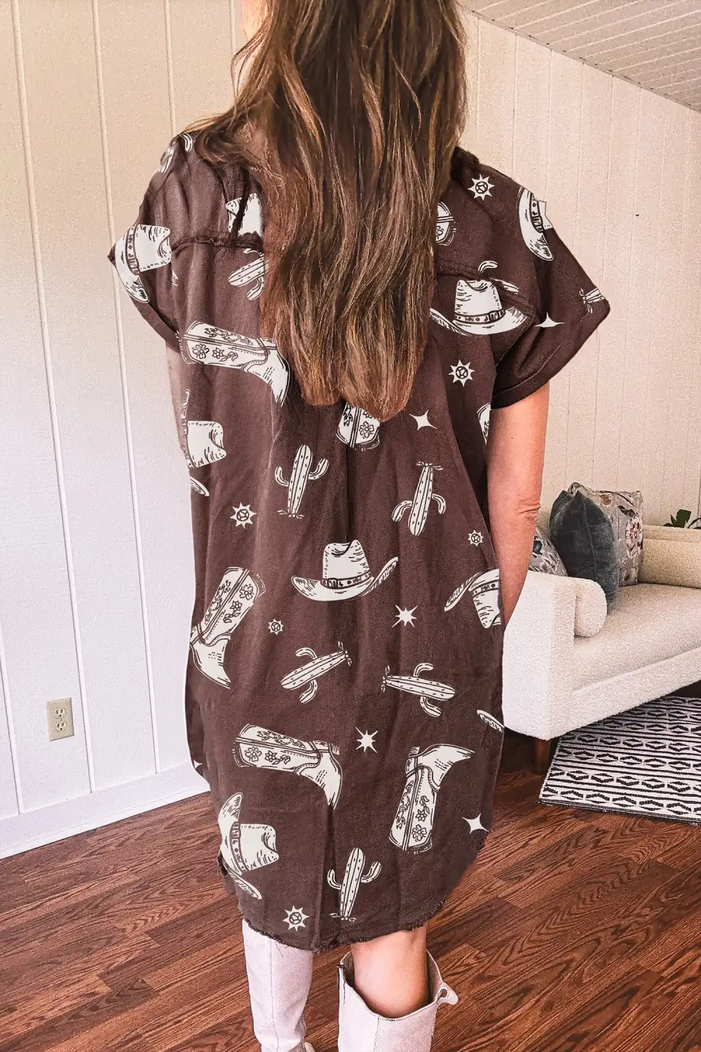 Cowgirl Hats Boots Cactus Print Raw Edge Button Down Short Denim Dress