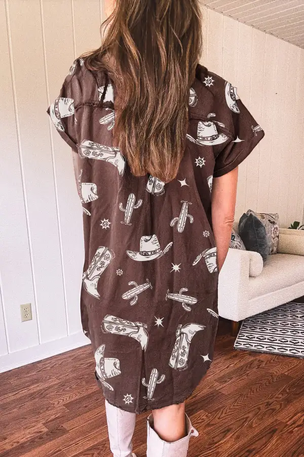 Cowgirl Hats Boots Cactus Print Raw Edge Button Down Short Denim Dress