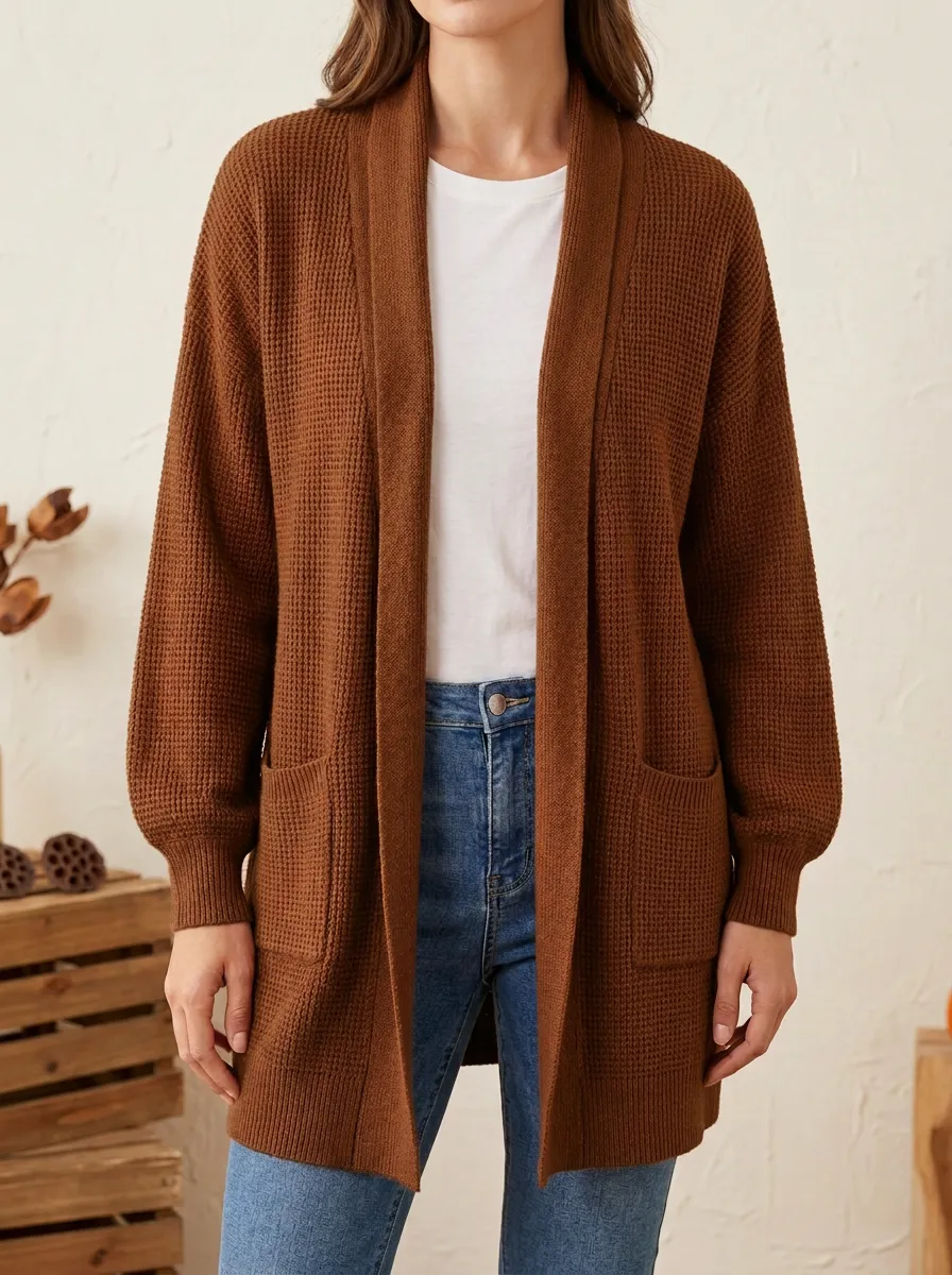 Waffle-Knit Open-Front Knit Cardigan