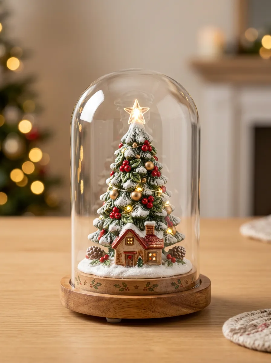 Snowy Tree Village Glass Dome LED Christmas Tabletop Ornament