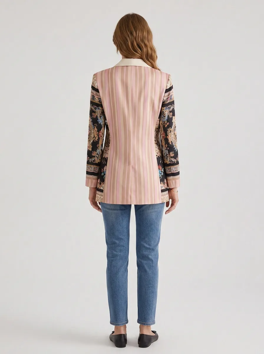 Women's Vintage Floral Striped Patchwork Printed Blazer