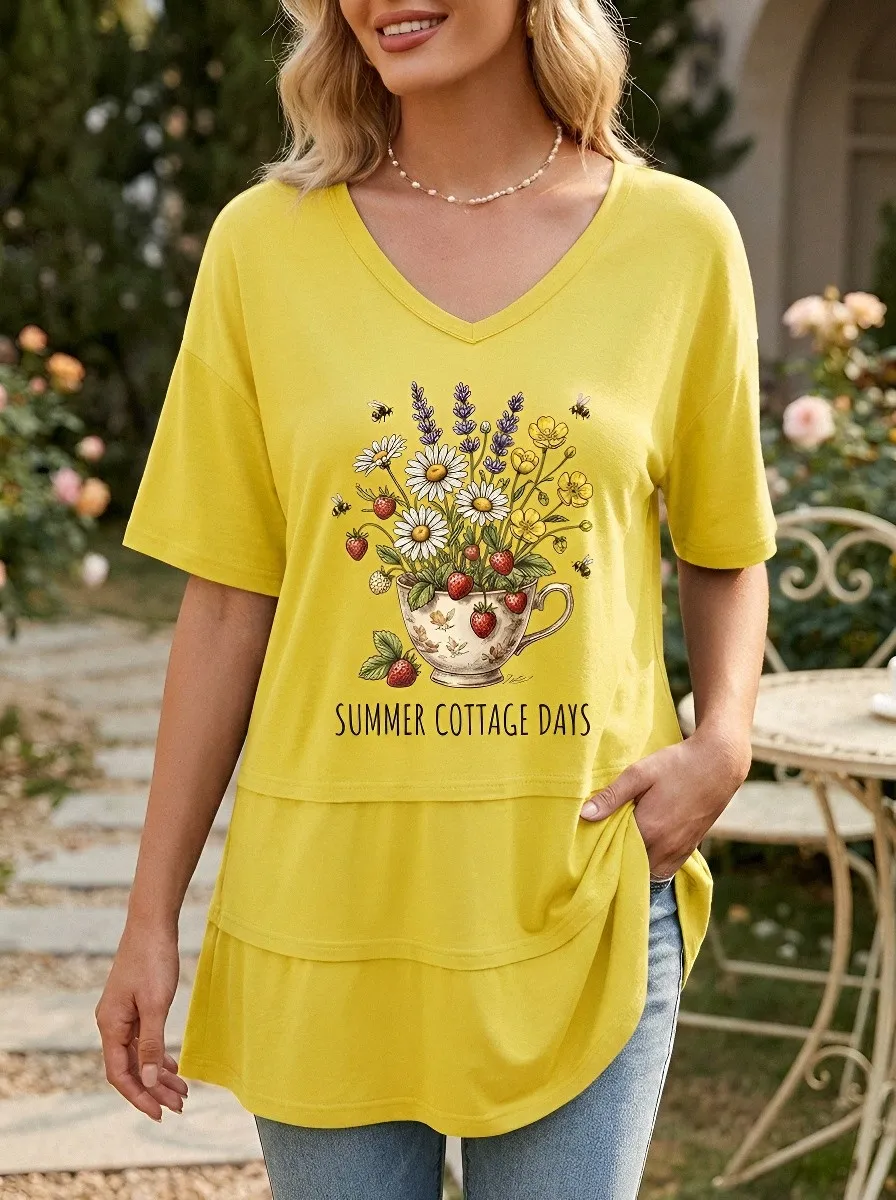 Women's Summer Cottage Days Strawberry Tea Cup Floral Printed T-shirt