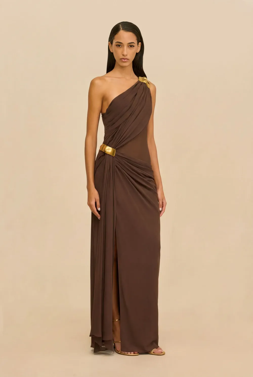 Alina Brown One Shoulder Ruched Maxi Dress