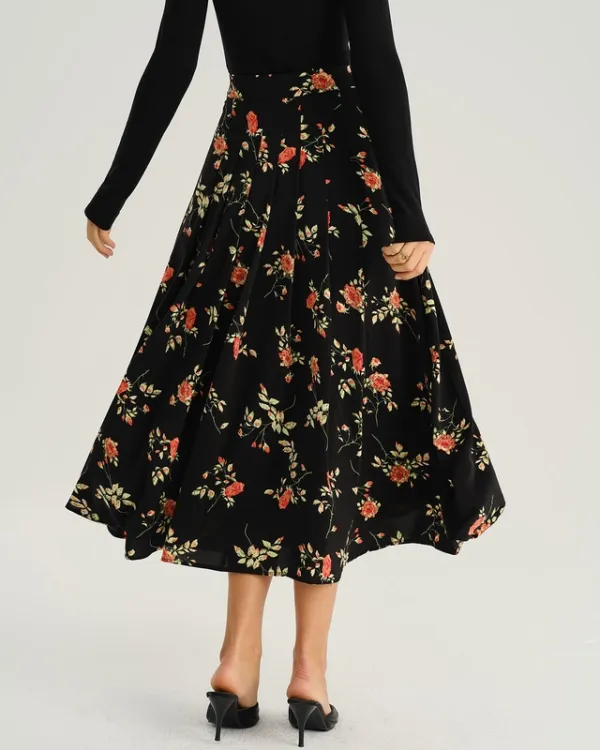 Black Floral A Line Midi Skirt