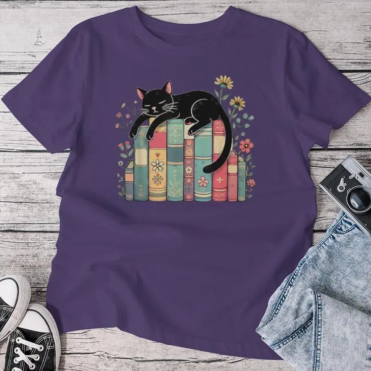 Floral Black Cat Sleeping On Books Women T-shirt