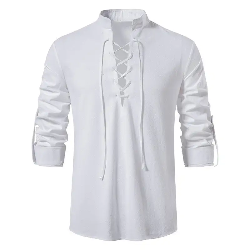 Men's Casual Lace-up Shirt With Stand-up Collar Linen-Cotton Blend And Roll-up Sleeve Tabs