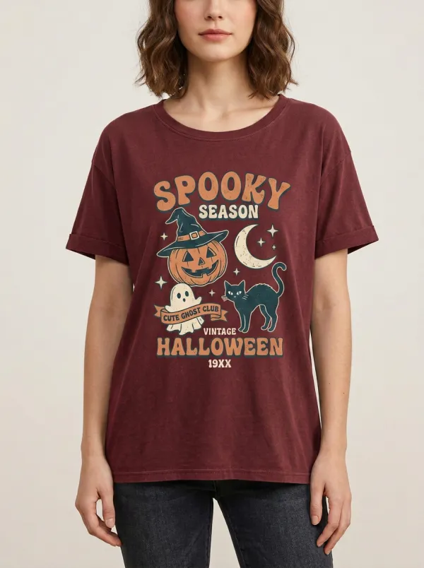 Women's Halloween Spooky Season Pumpkin Ghost Cat Printed T-shirt