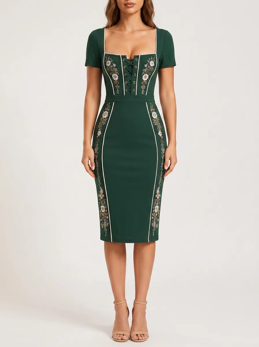 Women's Floral Embroidery Folk Fitted Dress