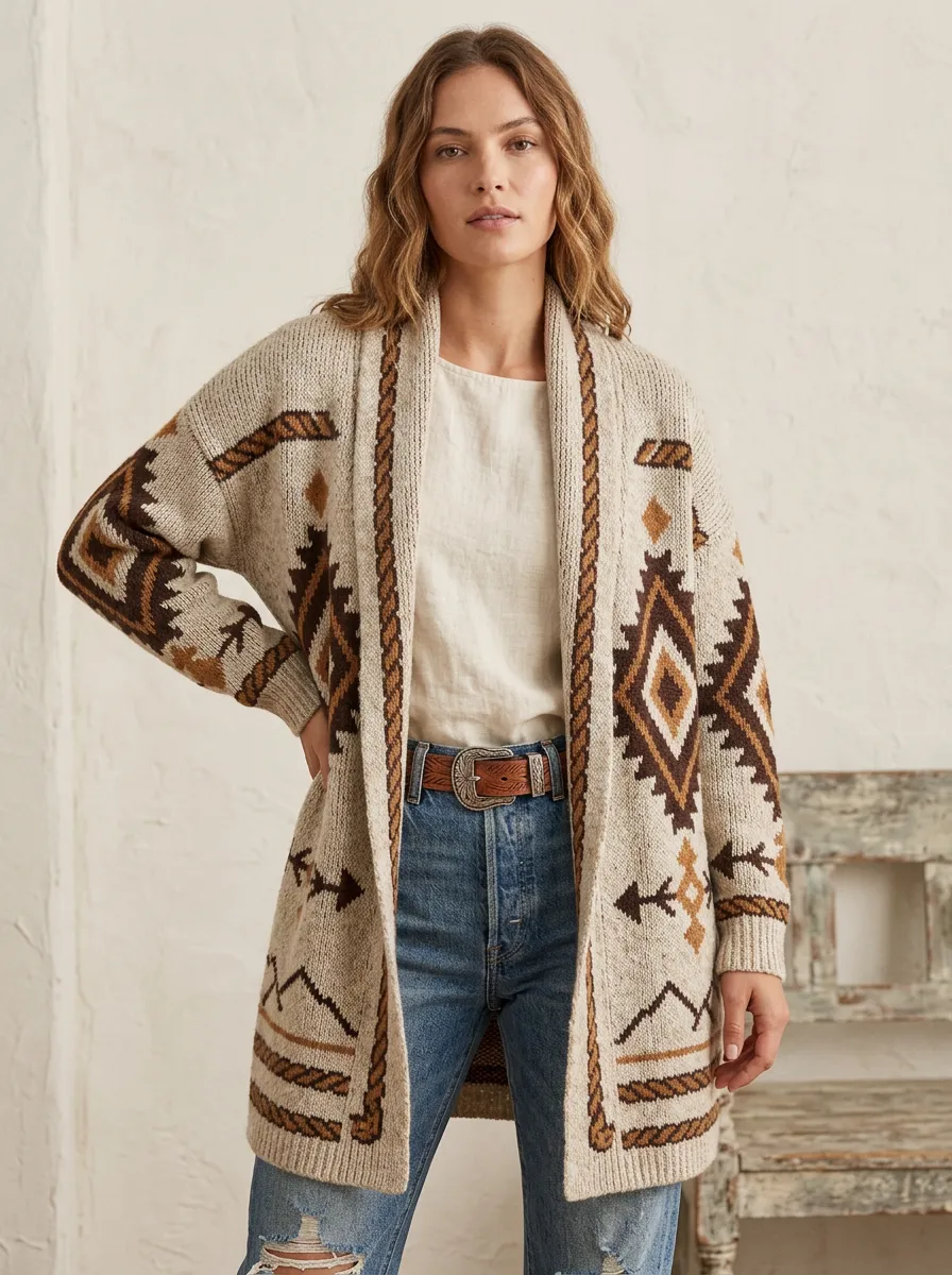 Women's Western Style Geometric Pattern Printed Cardigan