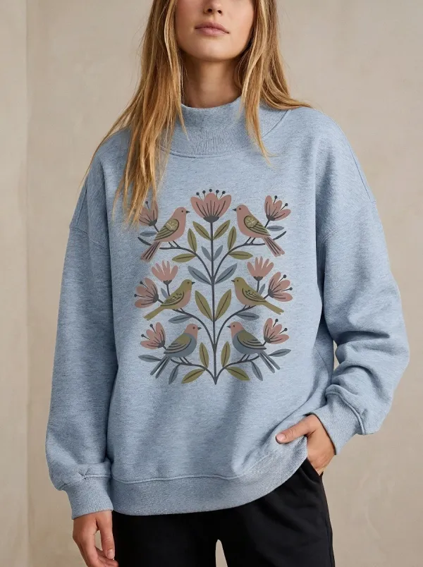 Women's Nature Lover Floral Bird Folk Art Printed Sweatshirt