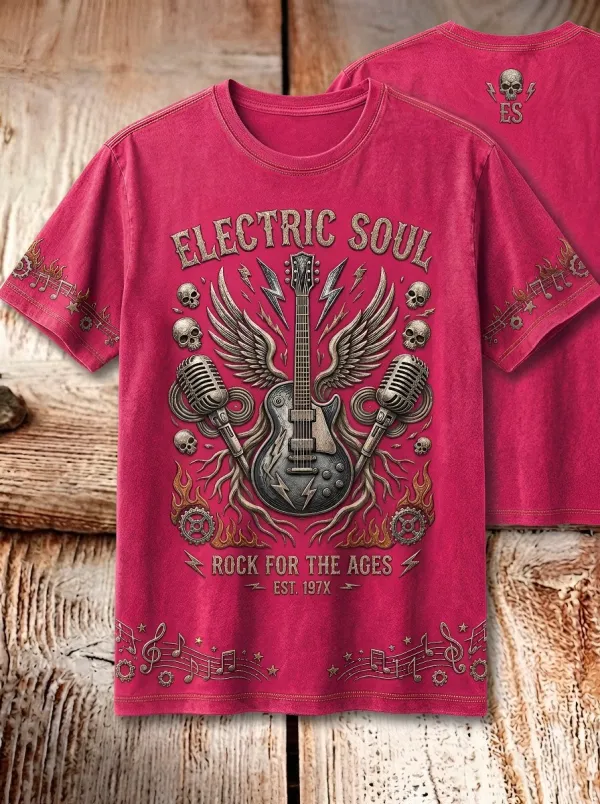 Men's Rock Music Lover Electric Guitar Skull Printed T-shirt