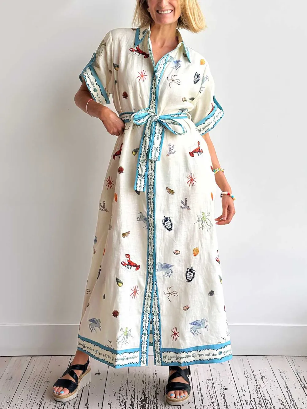 Fresh Ocean Lobster Print Lace Up Midi Dress