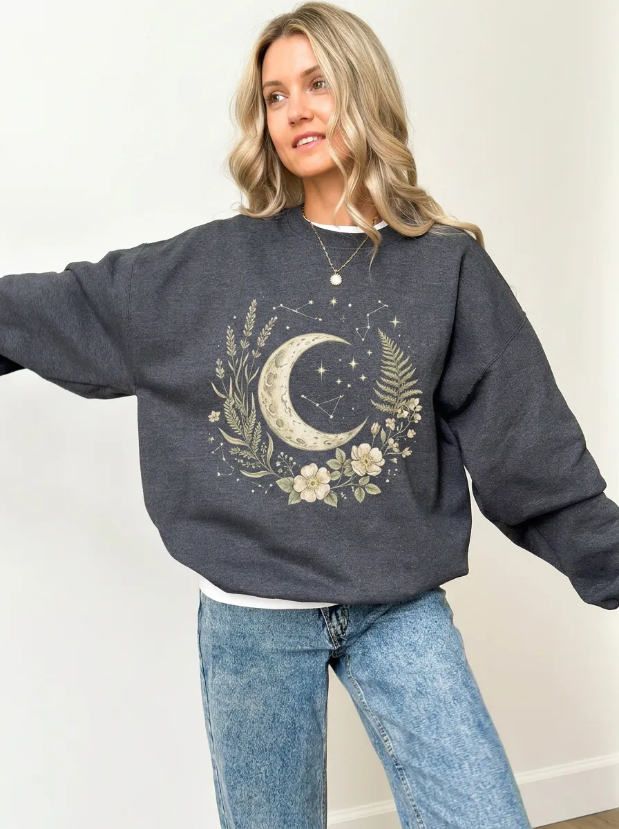 Women's Celestial Moon Floral Botanical Printed Sweatshirt