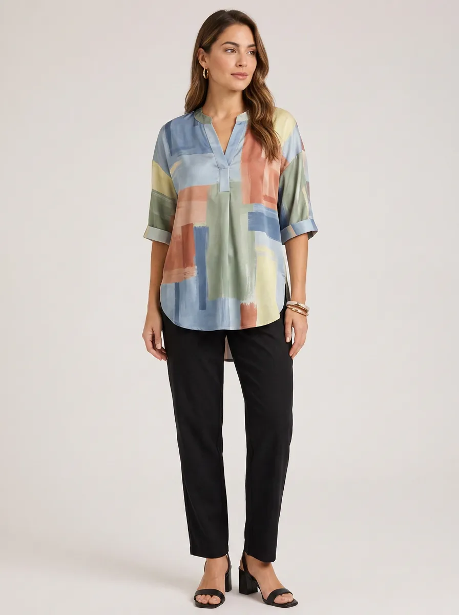 Women's Abstract Geometric Colorblock Printed V-neck Top