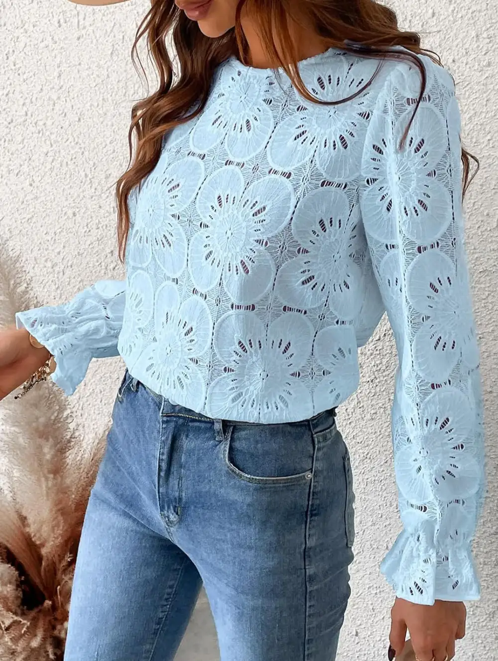 Openwork Lace Long Sleeve Blouse
