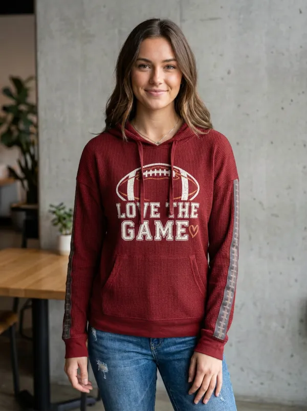 Women's Football Love The Game Heart Printed Waffle Hoodie